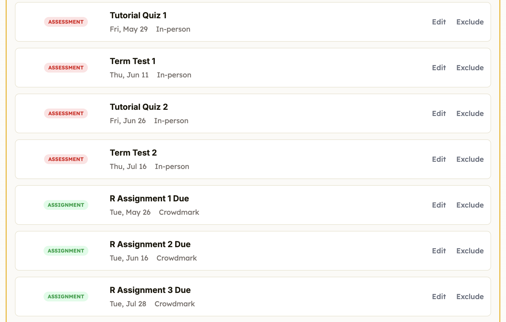The grouped dates become seven individual, editable events with their event type, date, and location or submission method preserved.